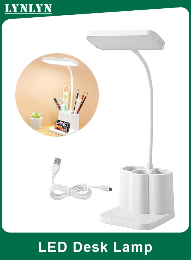 LYNLYN Rechargeable LED Desk Lamp with Pen Holder and Phone Stand, 3 Color Temperatures Stepless Dimming, Adjustable 360° Gooseneck Study Lamp for Home Office Dorm, USB Charging, White - Image 1